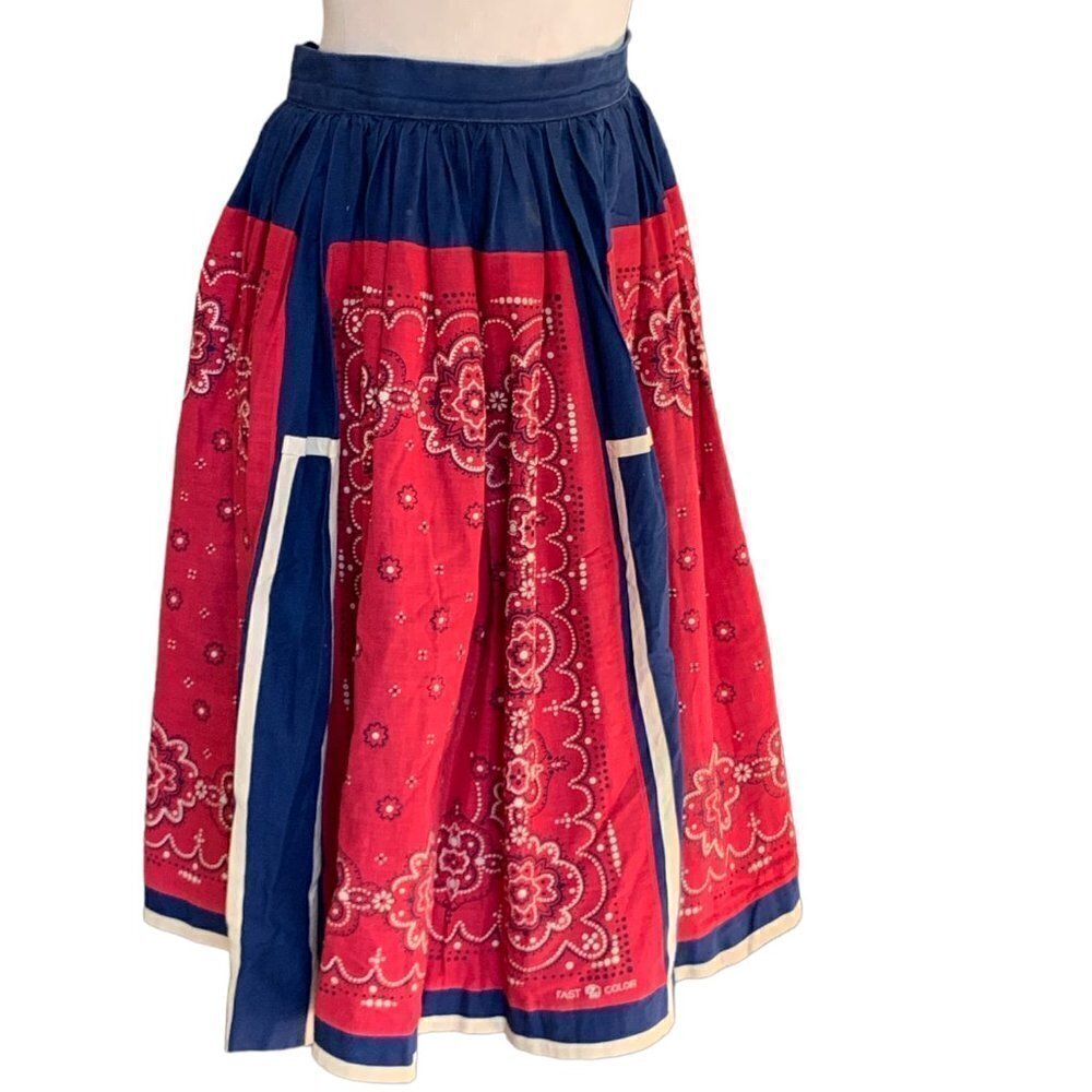 Vintage 40s 50s Western Prairie Full/Circle Pleat Skirt‎ Red Blue XS #92G - Picture 4 of 11